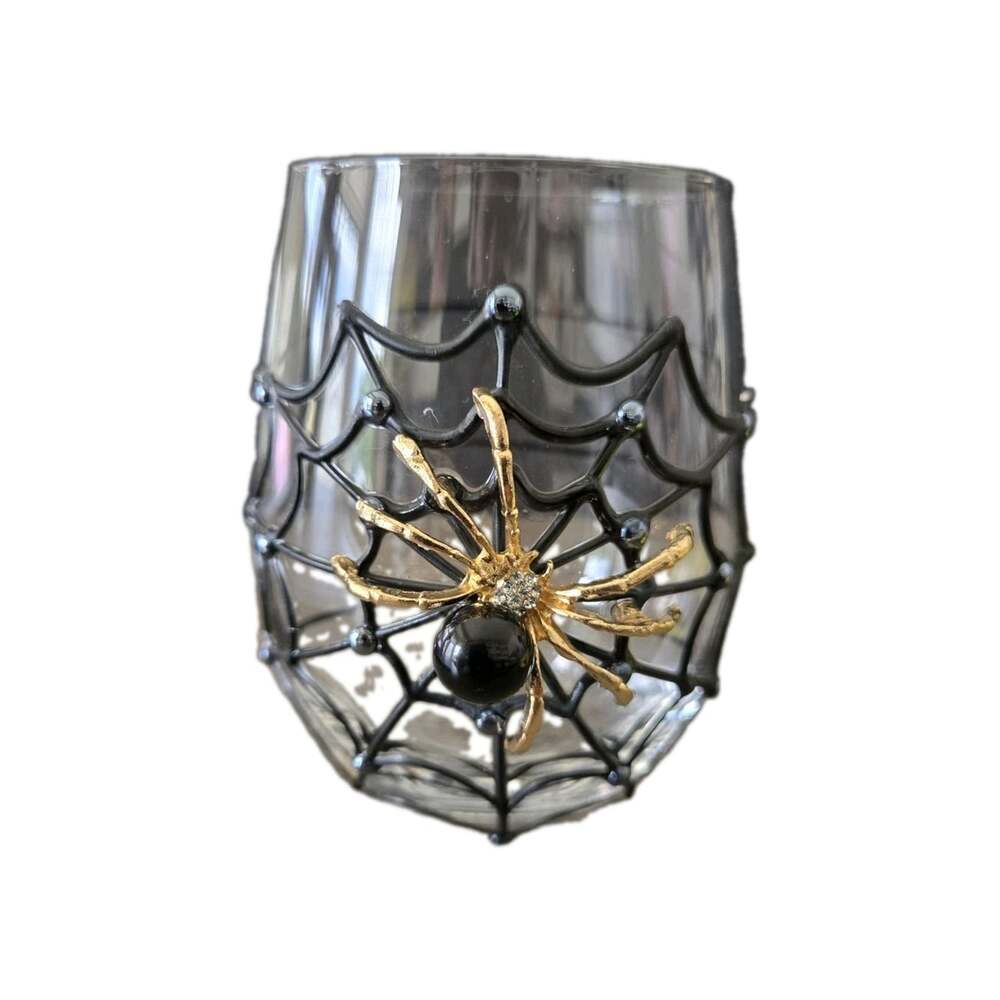 NEW Black Widow Spider Web Rhinestone Skull Halloween Wine Tumbler Drink Glass - Picture 5 of 5